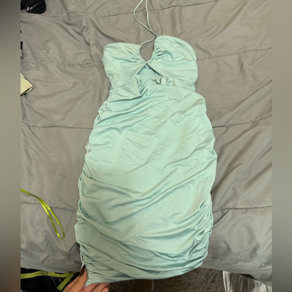 Oh Polly Light Blue Ruched Mini Dress - Picture 4 of 4